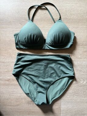 High-Waist Olive Green Bikini Set - Women Swim
